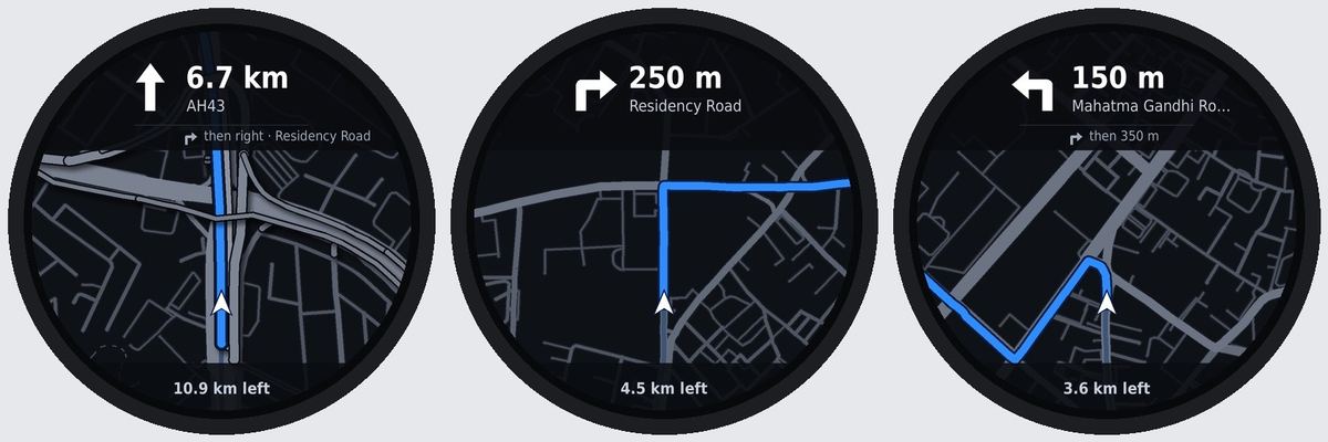 Three drawn round screens showing a map, the next turn and the distance left