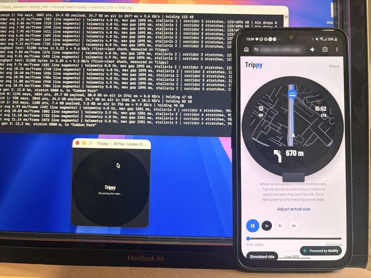 Laptop running the Trippy simulator next to a phone running the first Trippy app