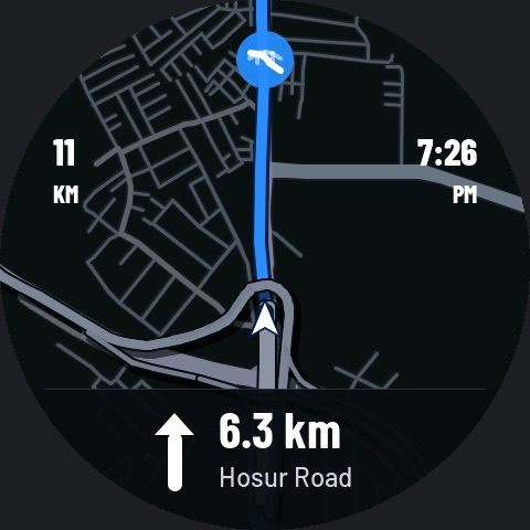 Trippy's screen: street map with the route in blue and the next instruction, 6.3 km on Hosur Road